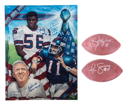 Lot of (2) NY Giants Signed Items Including Bill Parcells, Phil Simms, and Lawrence Taylor Canvas & Lawrence Taylor/Bill Parcels Dual Signed Football (Beckett)